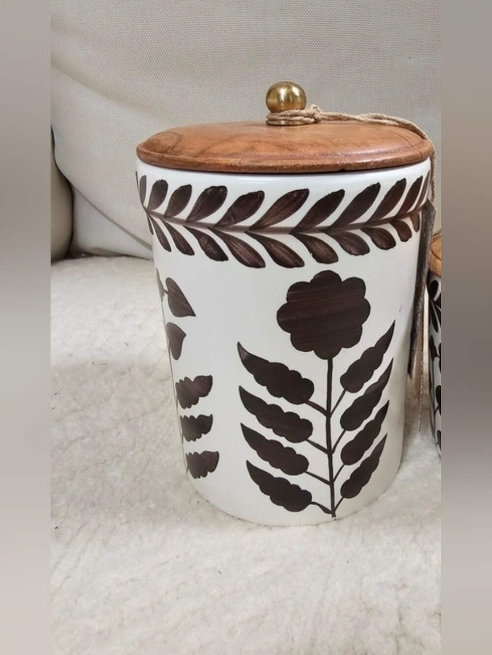 Floral Brown Leaves  Ceramic Canister with Wood Lid Made In India Viral 7.5"